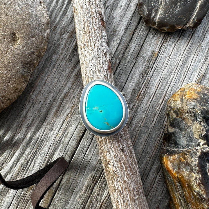 Kingman Turquoise Teardrop and Sterling Silver Ring, Size 7 3/4
