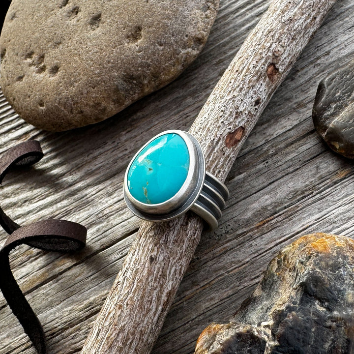 Kingman Turquoise Teardrop and Sterling Silver Ring, Size 7 3/4
