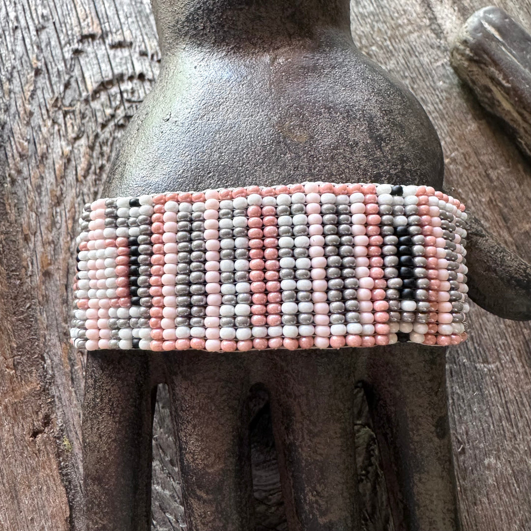 Pink and Black Weaved Seed Bead Cuff
