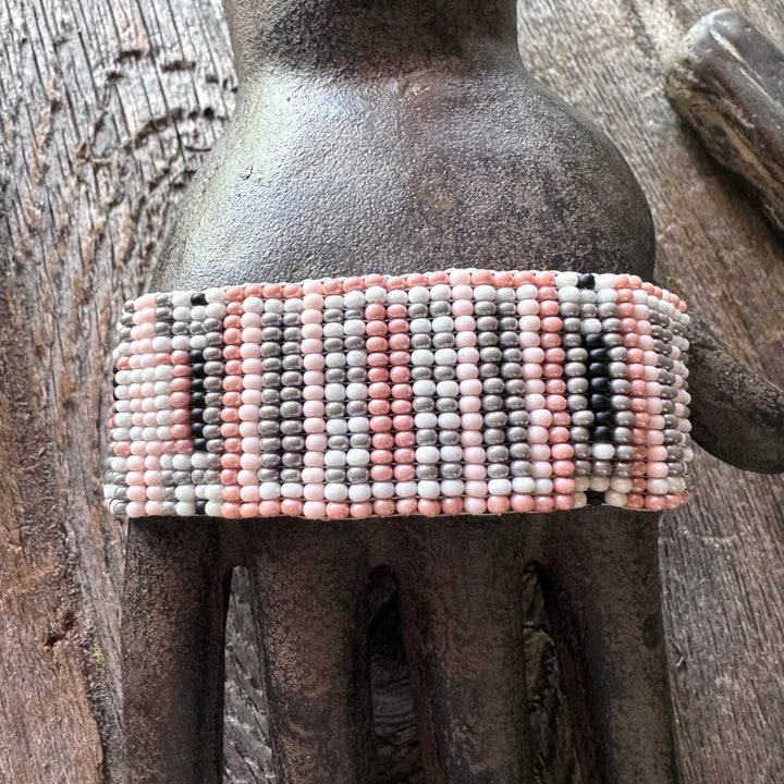 Pink and Black Weaved Seed Bead Cuff