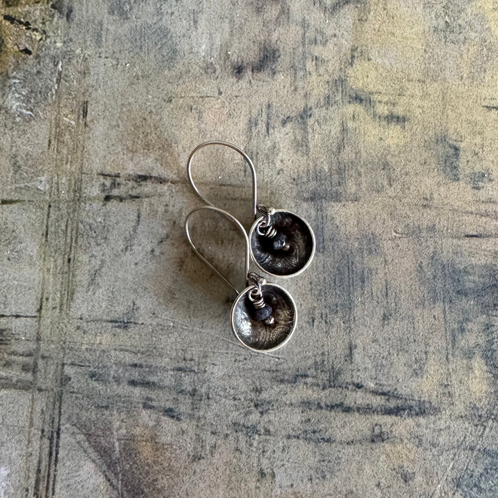 Midnight Sun Sapphire and Silver Disc Earrings