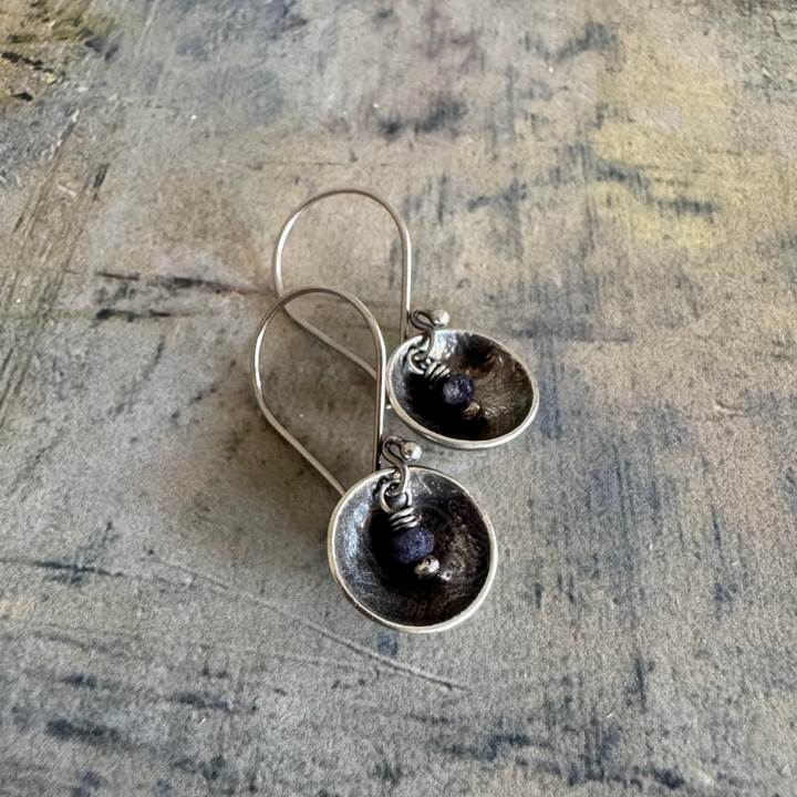 Midnight Sun Sapphire and Silver Disc Earrings