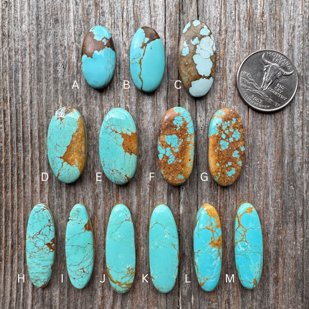Turquoise stones labeled A to M on a wooden surface with a coin for scale.