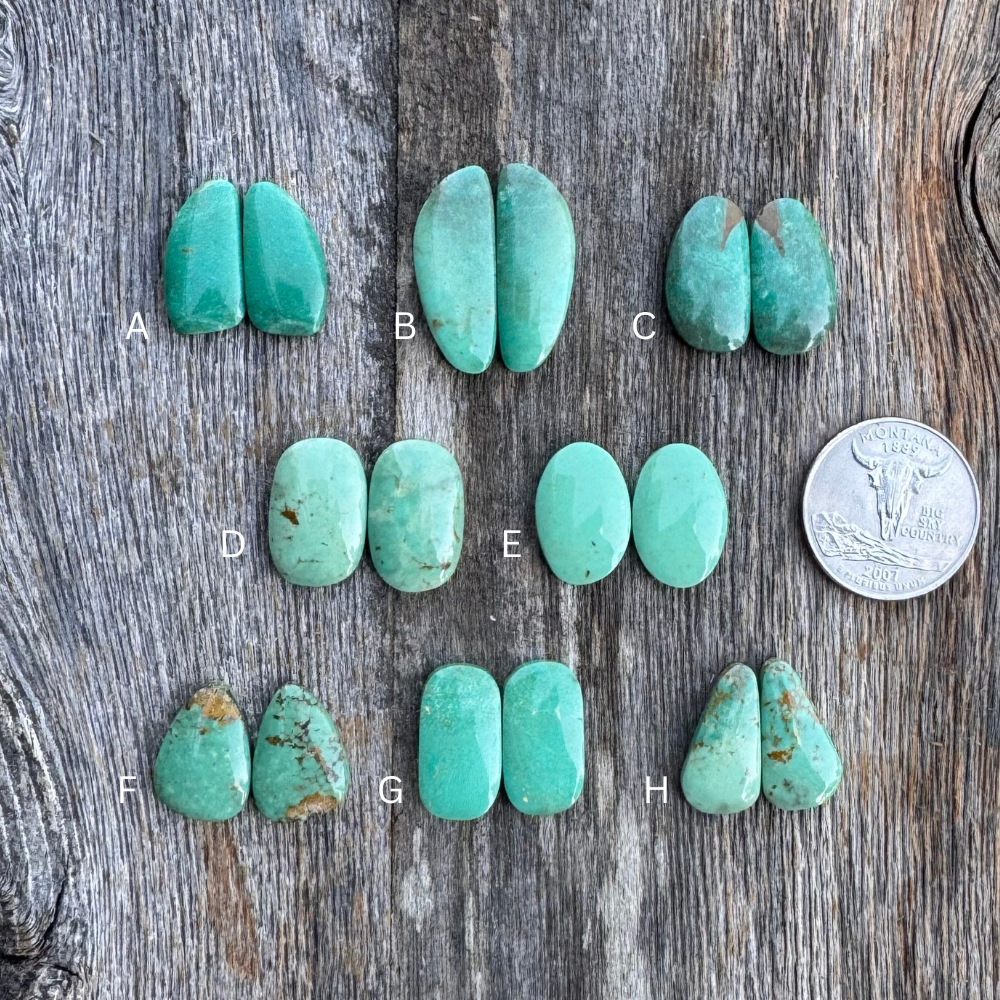 Turquoise stones labeled A to H on a wooden surface with a coin for scale.