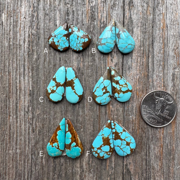 The Wayfinder Earring turquoise stone pair choices on rustic wood background.