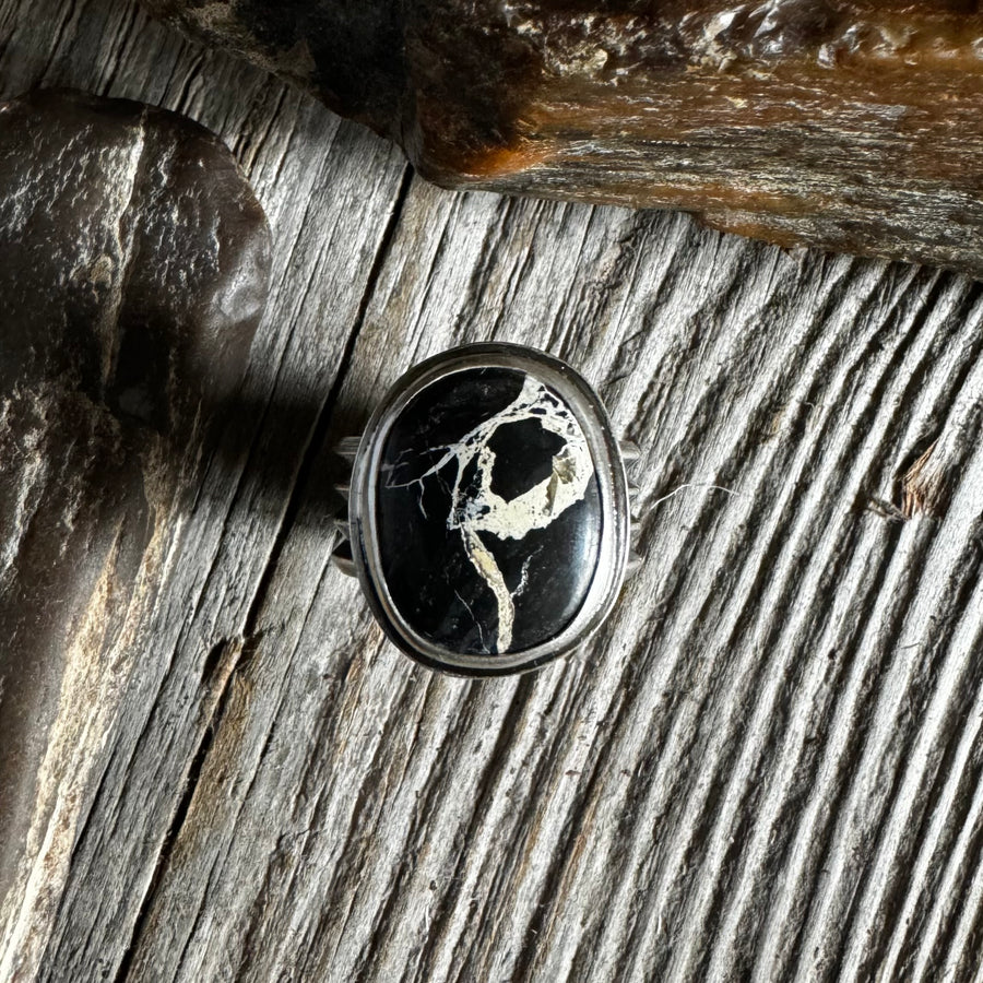 Chunky White Buffalo Turquoise Ring with thick four-line band, size 9 on wood background — handcrafted and ready to ship from Star Hitched Wagon.
